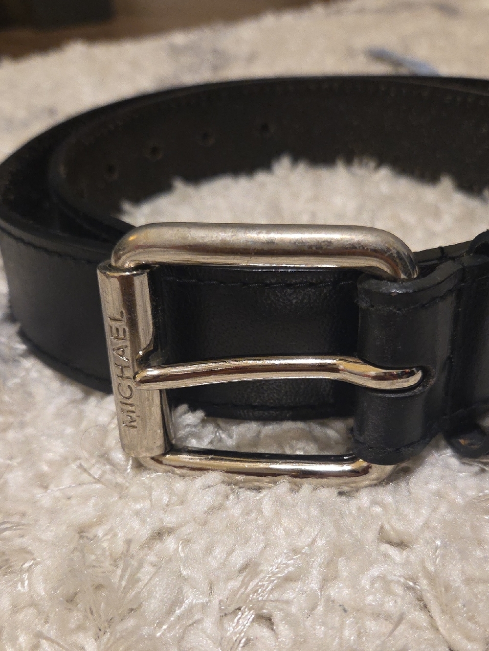 Michael Kors Black Leather Women's Belt with Silver-Tone Buckle- LARGE